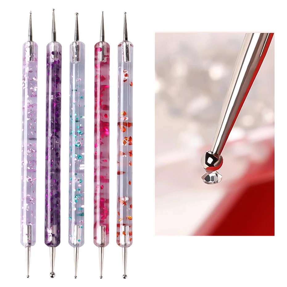 5pcs Professional Dual-Ended Nail Art Dotting Pen Crystal Beads Handle Drawing Painting Self-adhesive Rhinestones Manicure Tools