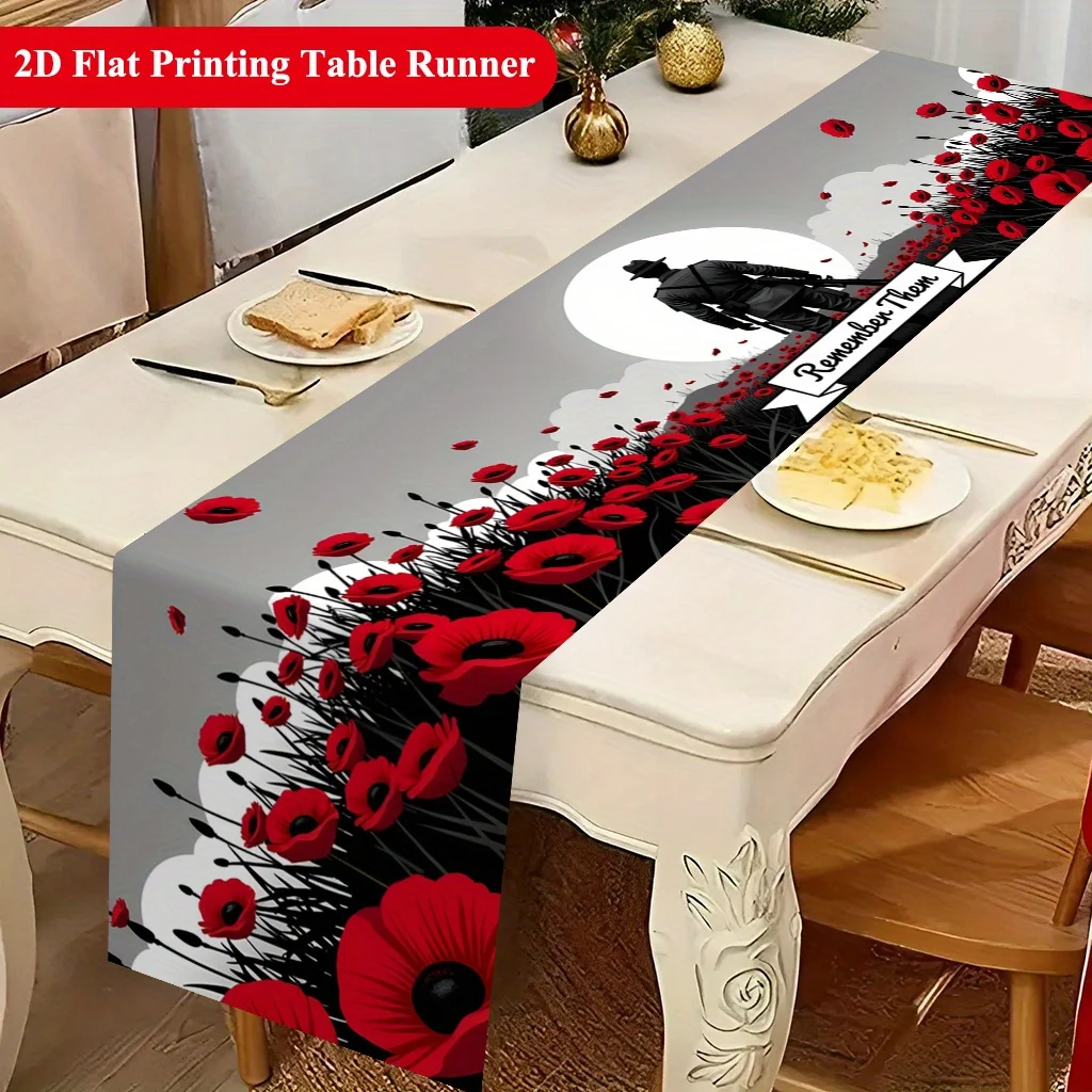 1pc 2D Table Runner, Hero Memorial Red Poppy Rectangular Polyester Table Runner, Indoor & Outdoor Dining and Party Decor