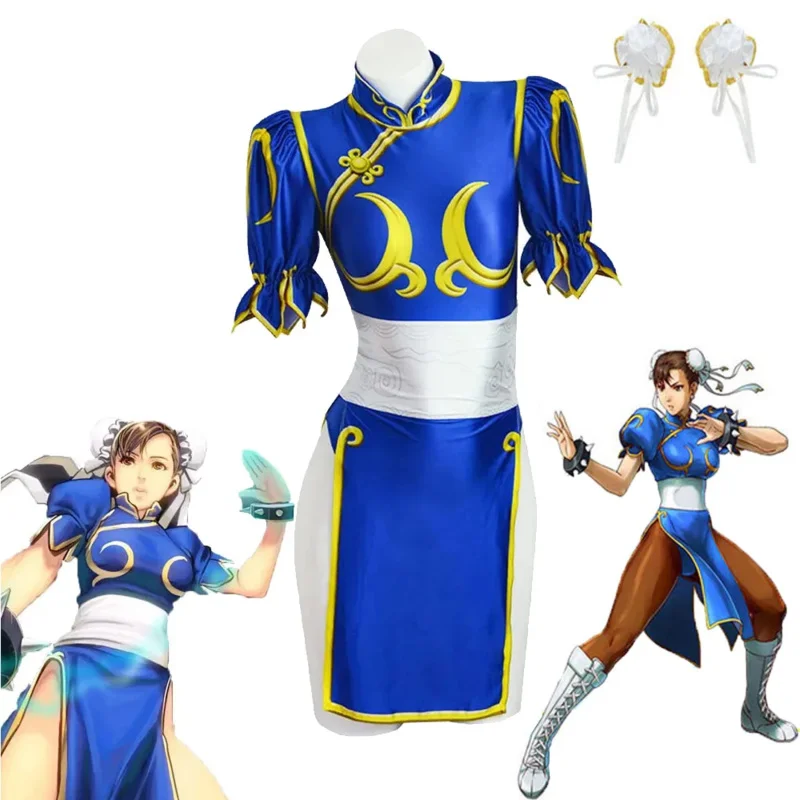 할로윈 Caures 애니메이션 코스프레 의상, 파티 반짝이는 새틴 치파오 블루 원피스, 벨트 헤드 기어, 여자 섹시한 천