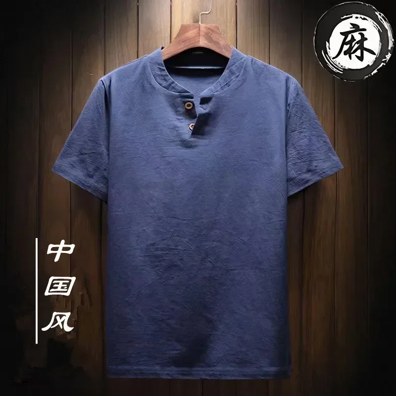 2024 Summer Linen Short-sleeved T-shirt for Men, Loose and Large Size Tang Suit, Two-button Solid Color Cotton and Linen T-shirt
