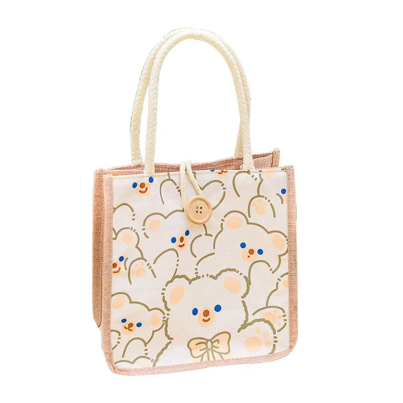 Custom  INS Linen Handbag Women's Fashion Imitation Linen Bag Cute Canvas Bag Casual Women's Tote Bag Lunch Bag Wholesale