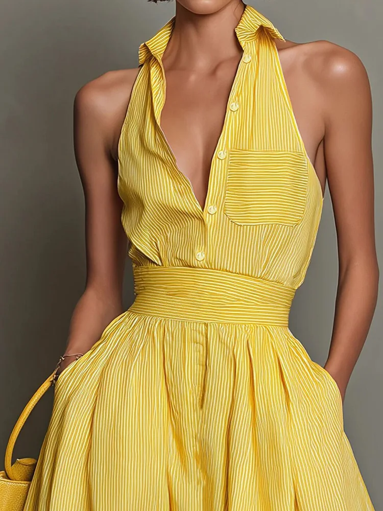 Sommerliches Elegantes Schickes Streetwear-Kleid mit Knopfdetails Einfaches Partykleid für Damen mit Umlegekragen Ärmellos Gestreiftes Patchwork-Maxikleid