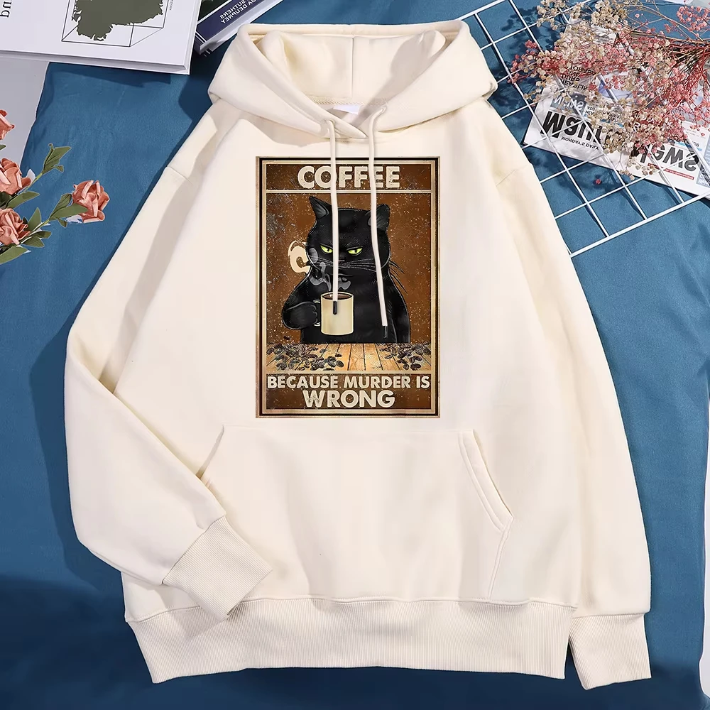 

Because Murder Is Wrong Black Cat Drink Coffee Men's and Women's New Pocket Hoodies Autumn Fleece Sweatshirt Fashion Sportswear