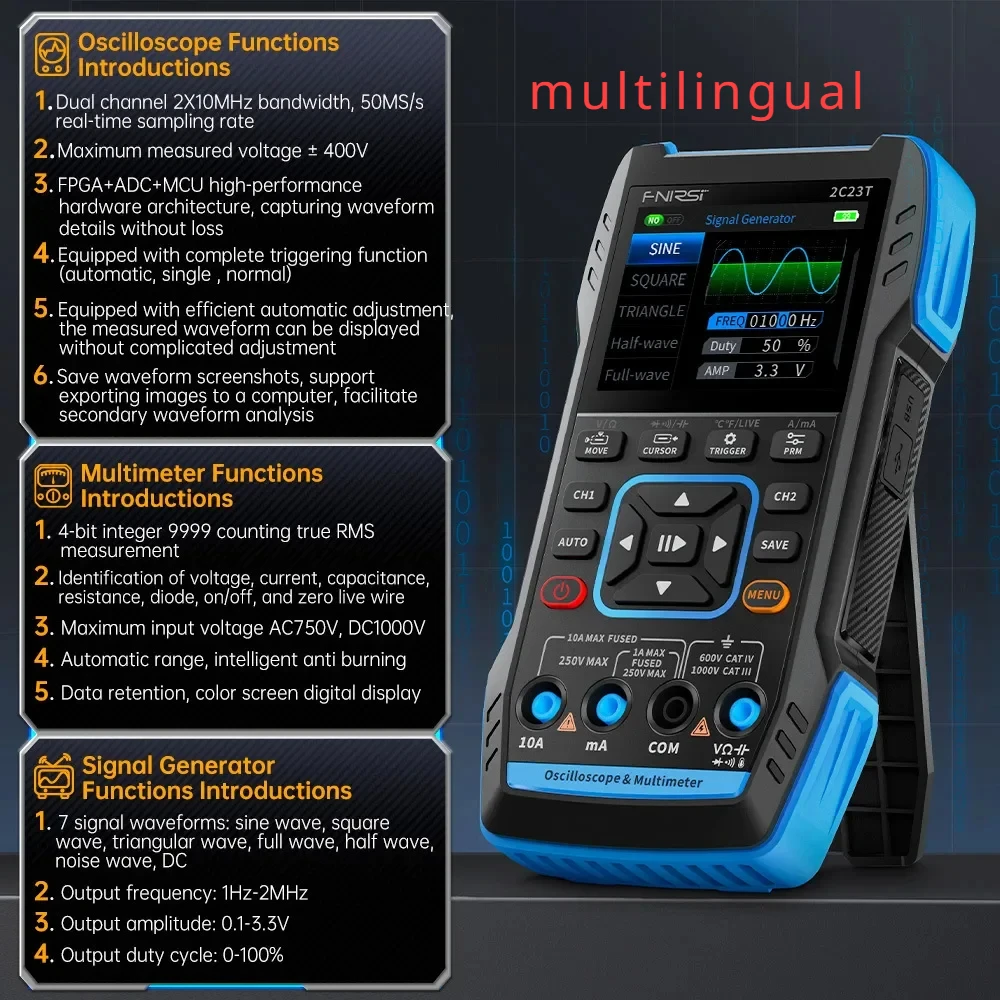 Digital Oscilloscope Multimeter Three-in-One Dual-Channel Oscillograph Signal Generator Auto Repair TOOLS FNIRSI-2C23T