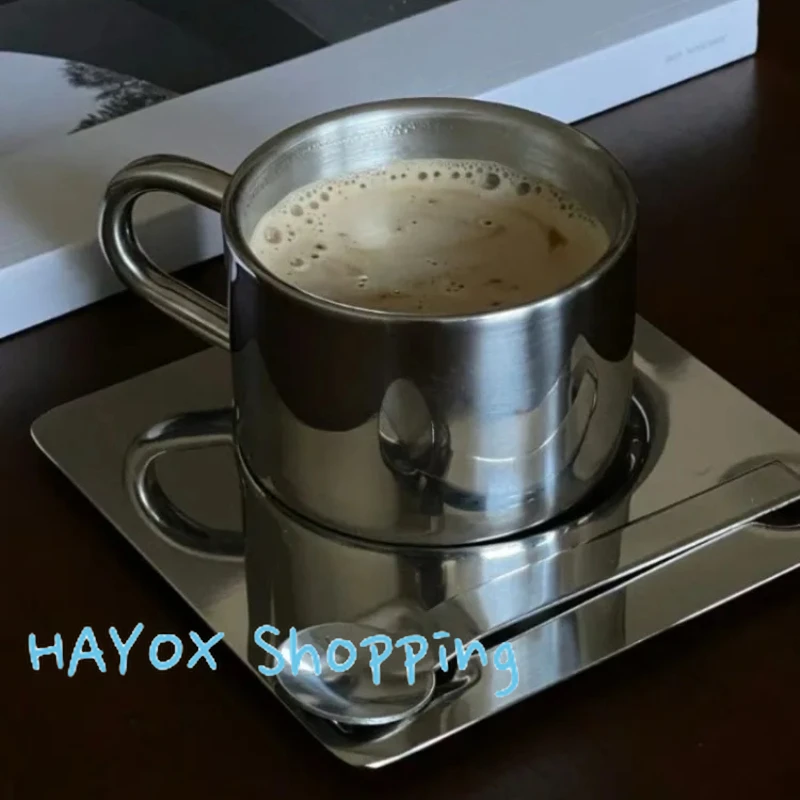 Metal Coffee Cups Saucer Set Wth Spoons，304 Stainless Steel Water Cup Minimalist Coffee Nordic Design Tableware Exquisite Gift