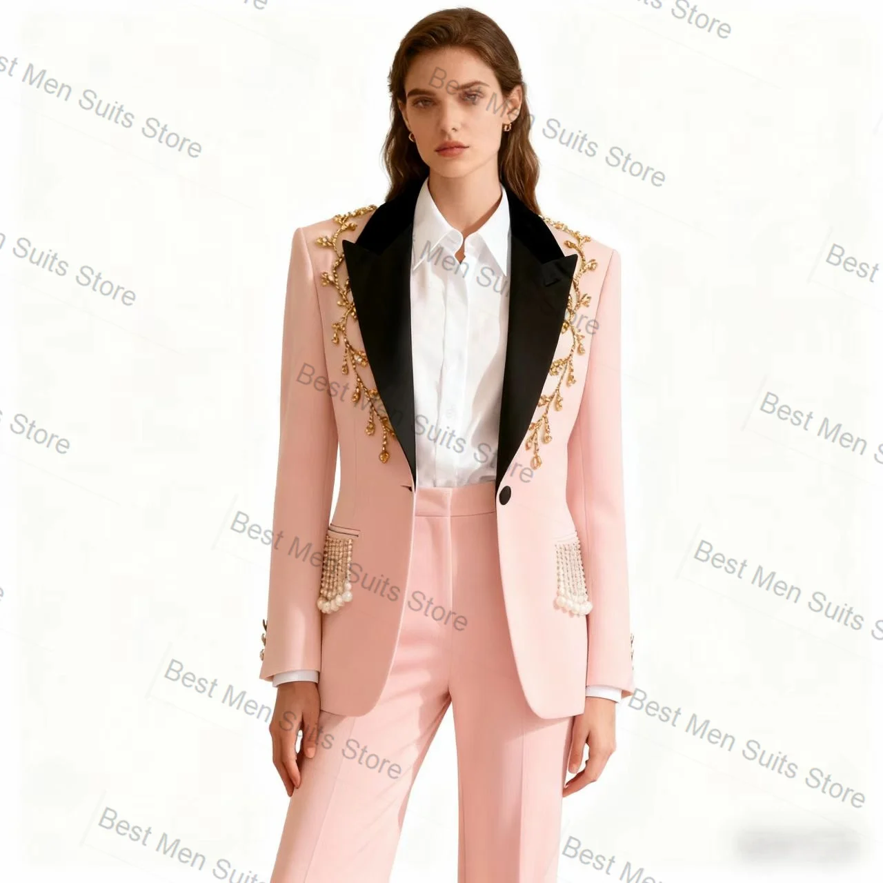 Różowy damski garnitur 2-częściowy z kryształami i perłami, marynarka + spodnie, jesień, formalny, do biura, żakiet, szyty na miarę, dla gościa weselnego, na studniówkę, płaszcz