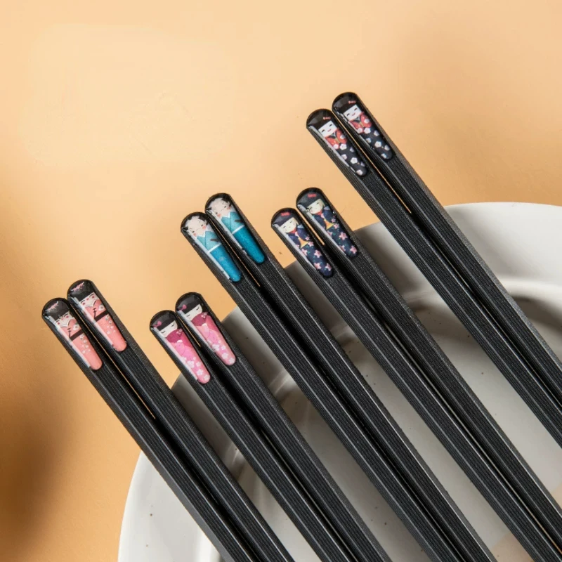 10 Pieces Japanese Nail Chopsticks Bamboo Textured Alloy Chopsticks Creative Household Anti-slip Anti-bacterial Chopsticks Set