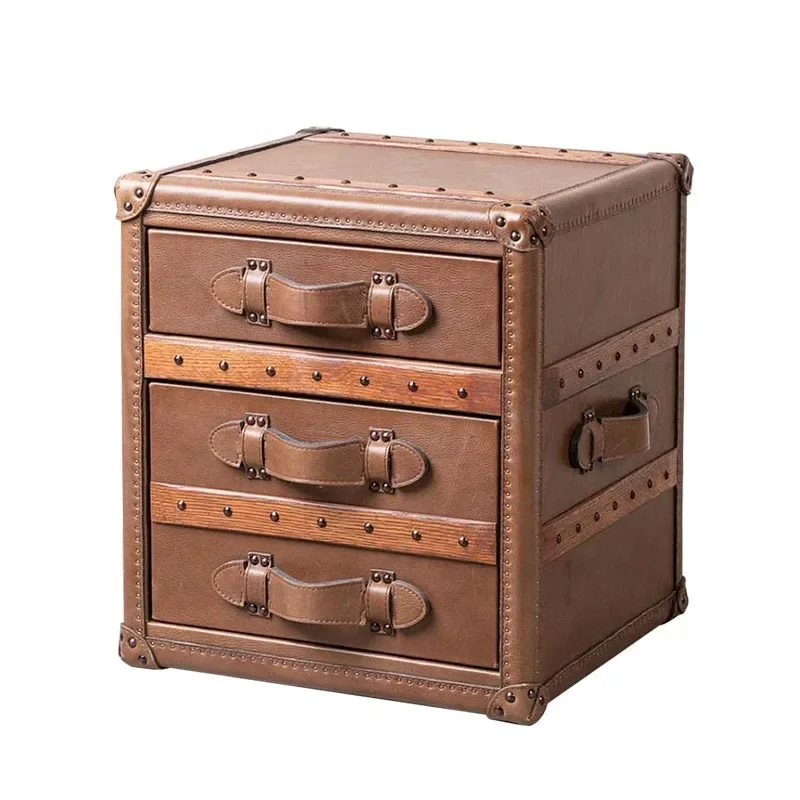 #American country retro leather case, sofa side storage, bedside table, first layer leather, European suitcase side table