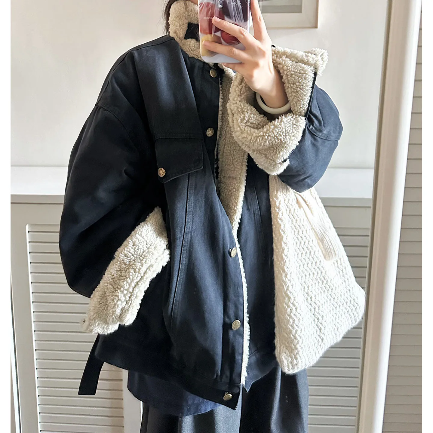 

Свободное женское дэт с меховым воротником ягненка, повседневное хлопковое пальто на подкладке с поясом, весенне-осенне-зимняя верхняя одежда