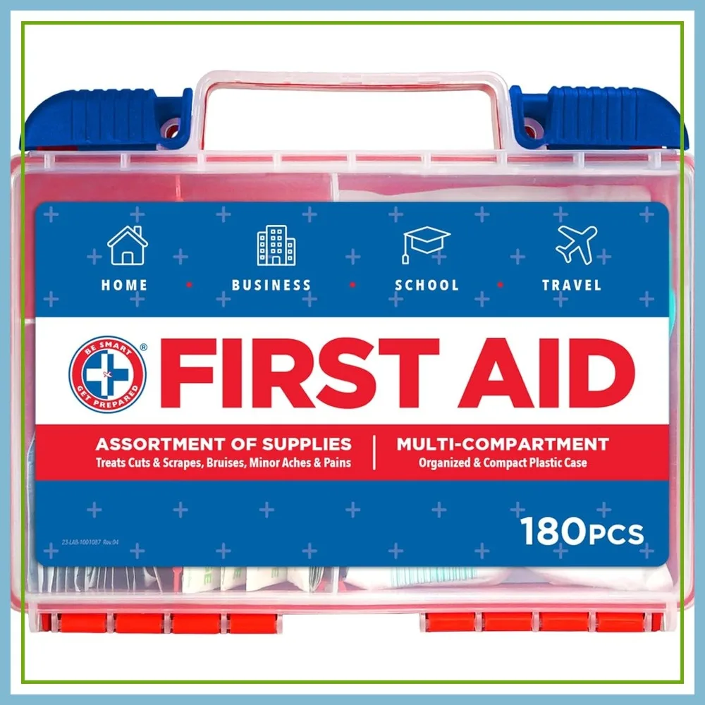 

180-Piece First Aid Kit: Clean, Treat & Protect Minor Cuts, Scrapes. Home, Office, Car, Travel & Outdoor.