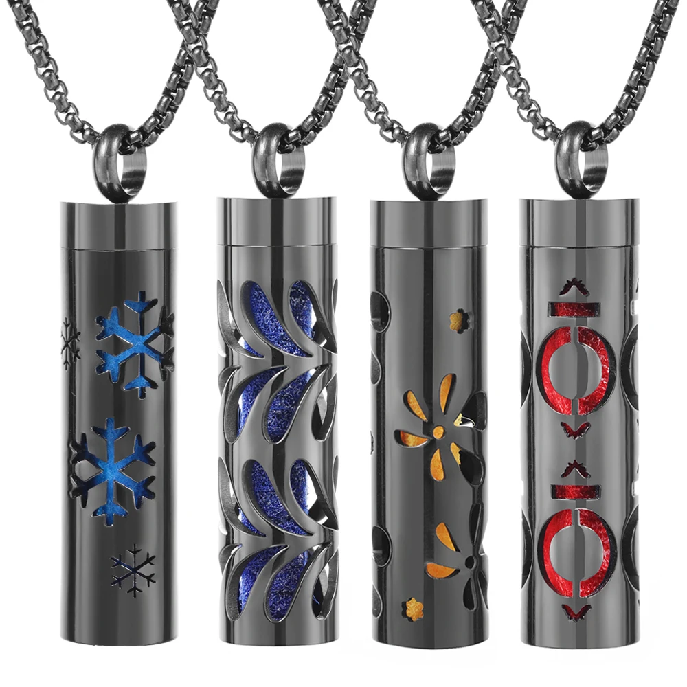 

Black Cylindrical Stainless Steel Aromatherapy Necklace Spiral Open Women Essential Oil Perfume Diffuser Lockets Pendant Jewelry