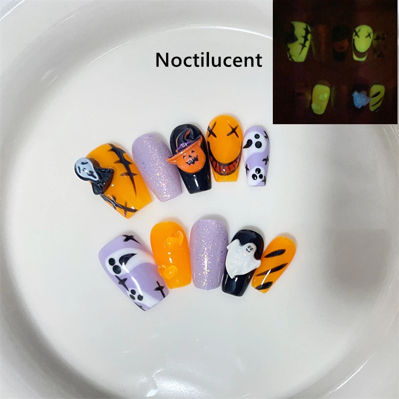 Noctilucent Handmade Press on Nails Wearable Pumpkin Halloween False Nails Design Cute Orange Fake Nails Manicure Decoration Kit