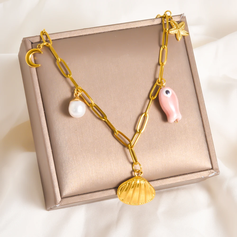 Personality Stainless Steel Natural Pearl Shell Ceramic Fish Starfish Moon Chic Necklace No Fade Collares Mujer Accessories Gift