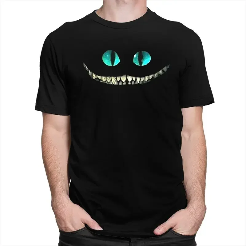 Cheshire Cat Face T Shirt for Men Pure Cotton Tshirt Fashion Tee Short Sleeve Alice In Wonderland T-shirt Slim Fit Clothing