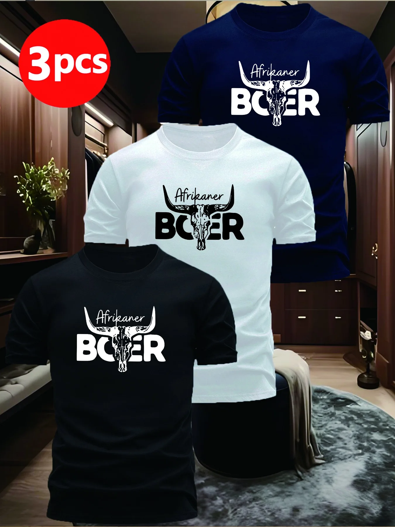 

Men's[3-Pack] Fashion Cotton Short Sleeve T-Shirt with Unique Bull Skull Pattern and "Afrikaner" Print Design T-Shirts Co-ords