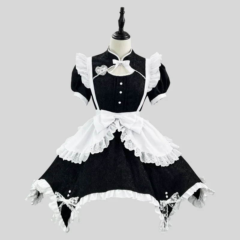 Chinese Style Maid Dress Sweet Lolita Cosplay Outfit Lace Ruffle Apron Costume With Maid Headpiece S-5XL