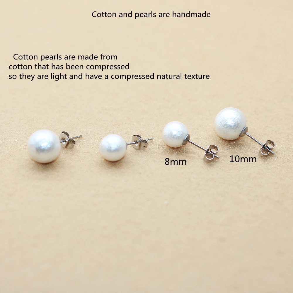 Brief Style Stainless Steel With Cotton Texture Nature Shell Beads Pearls Push-back Stud Earrings 8/10mm No Fade Allergy Free