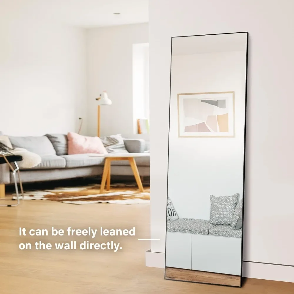 Full Length Mirror, Floor Leaning  Standing Mirror,Large  Full Body, Bedroom Mirror with Black Aluminium Frame, Black, 65