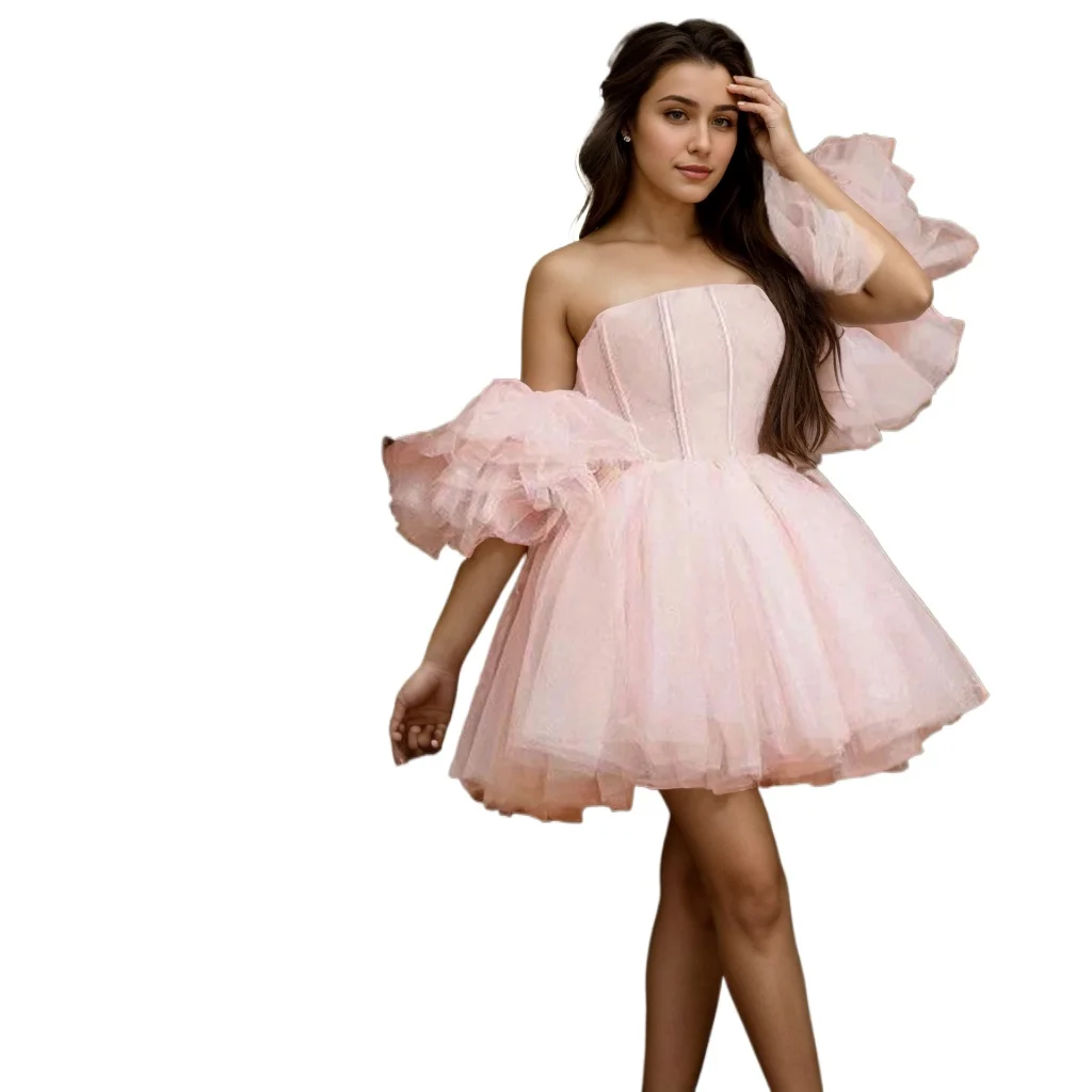 Vestido corto de tul de princesa para niña, traje de fiesta de cumpleaños, manga de burbuja, color rosa