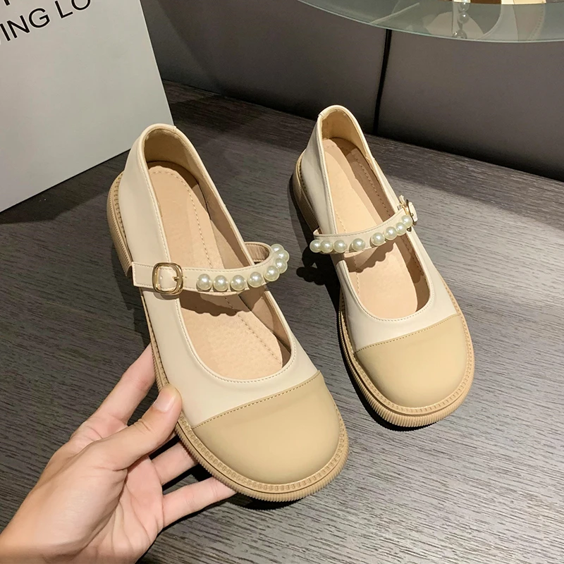 New Oxford Shoes for Women Lolita Shoes Woman Mary Janes Buckle Strap Square Mid Heels Round Toe String Bead Loafers Plus Size