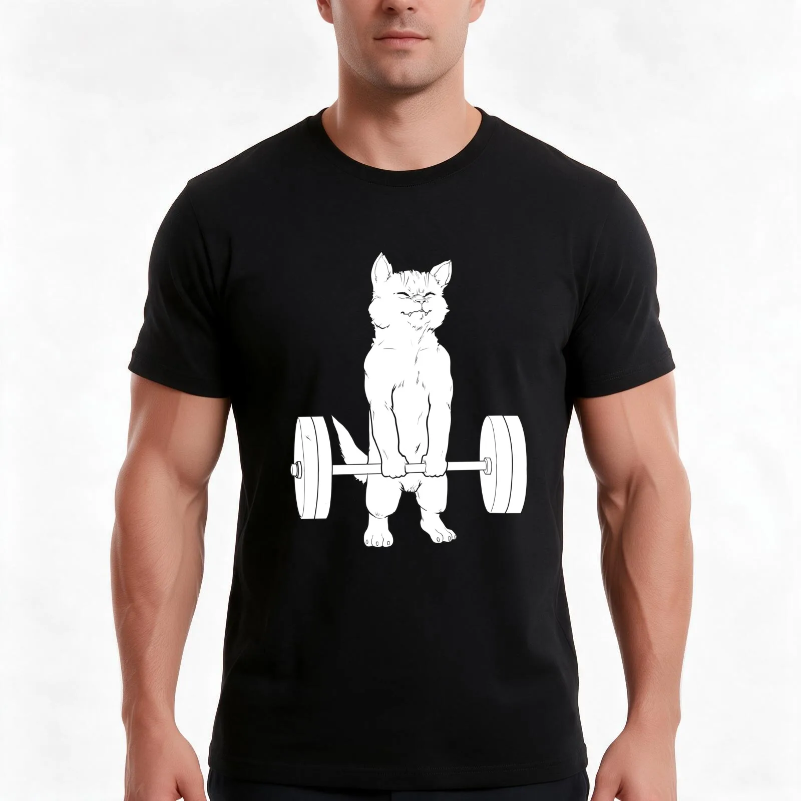 Cat Deadlift Powerlifting T-Shirt, Summer Casual Cotton Tee, Oversized Streetwear Tops, Vintage Graphic Print, Unisex Men Women