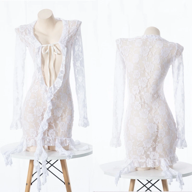 Sexy Rose Lace Cardigan Slim Long Sleeve Dress See Through Mini Nightdress Bride Role Play Underwear Women Nightwear Lingerie