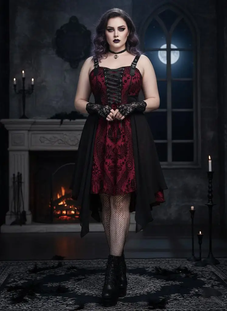 Plus Size Gothic Dresses Costume Women Flower Flocking Lace Up Grommets Asymmetrical Midi Tank Dress Vestidos