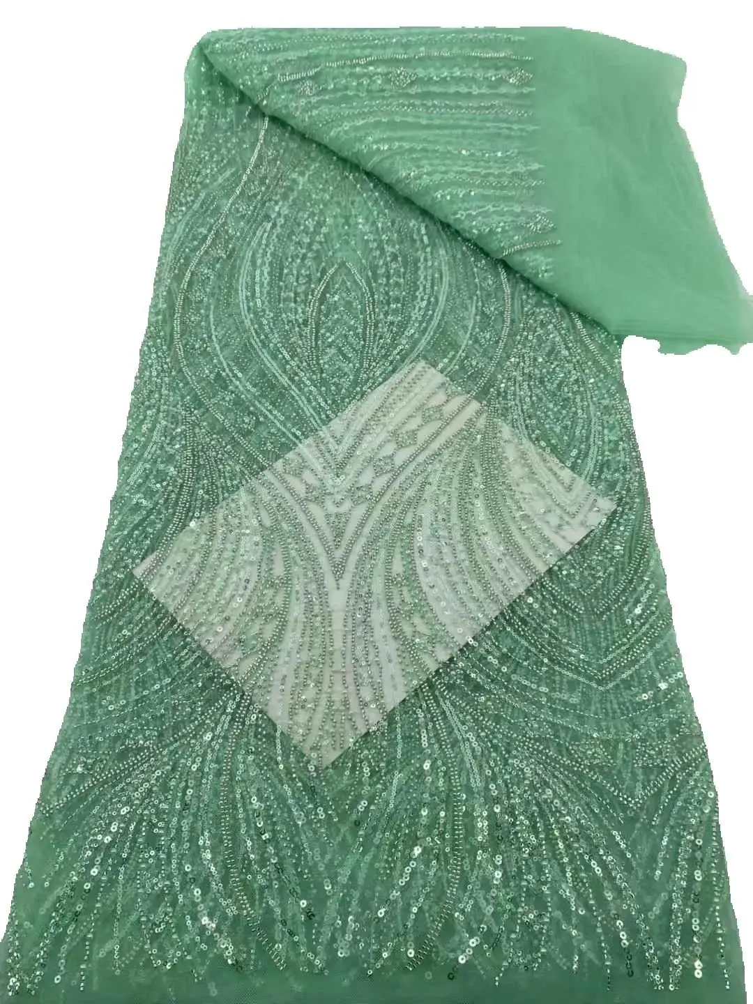 

Green Color New Design High Quality Beaded French Fabric African Sewing Lace Classic and Unique Design 5 Yards for Lady