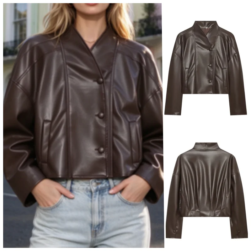 Guobioziy 2026 Women's New Pleated Back Leather Effect Jacket Fashionable and Simple Casual and Versatile Elegant and Graceful