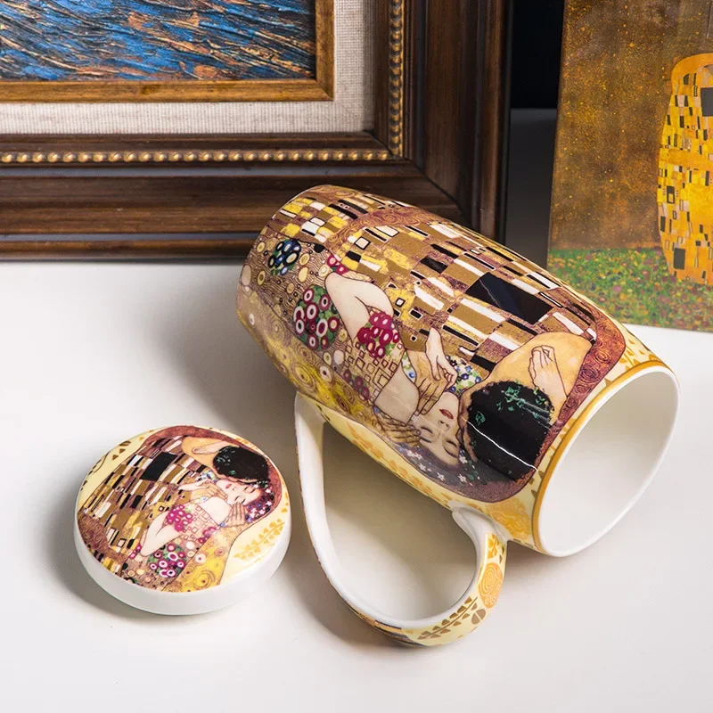 Klimt Large  Mug Oil Painting Kiss Ceramic Coffee Cup Bone China Creative Breakfast Cups with Lid Spoon Personalized Gift Box