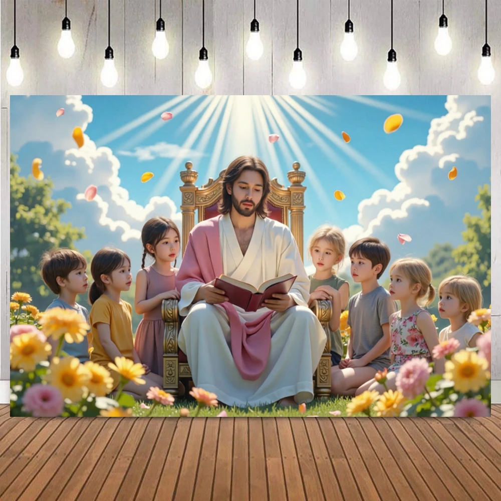 Religious Jesus Teaching Children Floral Photography Background Christian Event Portrait Home Decor Photo Backdrop