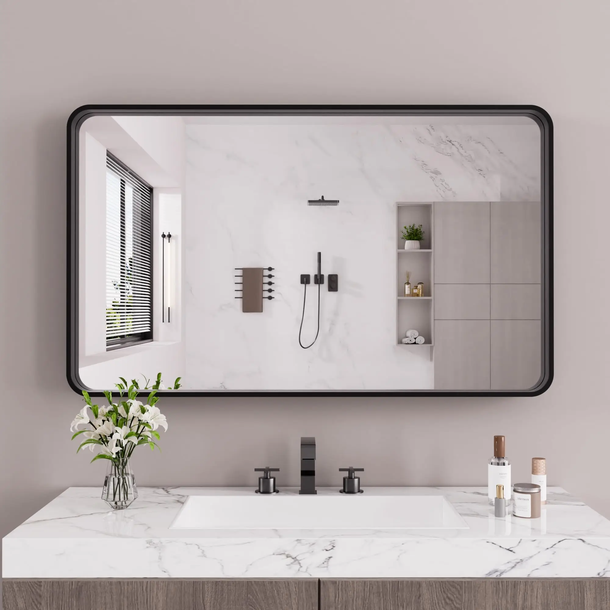 60x40 Inch Black Bathroom Mirror Wall Mounted Rounded Rectangle Matte Black Framed Mirror Black Bathroom Vanity Mirror