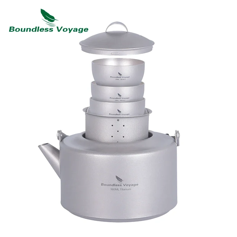 

Boundless Voyage 380ml Titanium Teapot with Filter Ultralight Kettle Single Layer Teaware Tea Cup Caddy Jar Set With Anti-handle