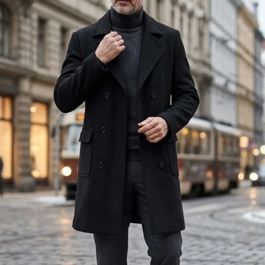 Neuer Winter-Herren-Doppelreihiger Trenchcoat Knielang Multi-Taschen Warme Streetwear Business Casual Oberbekleidung Garib-Stil – Detail 4