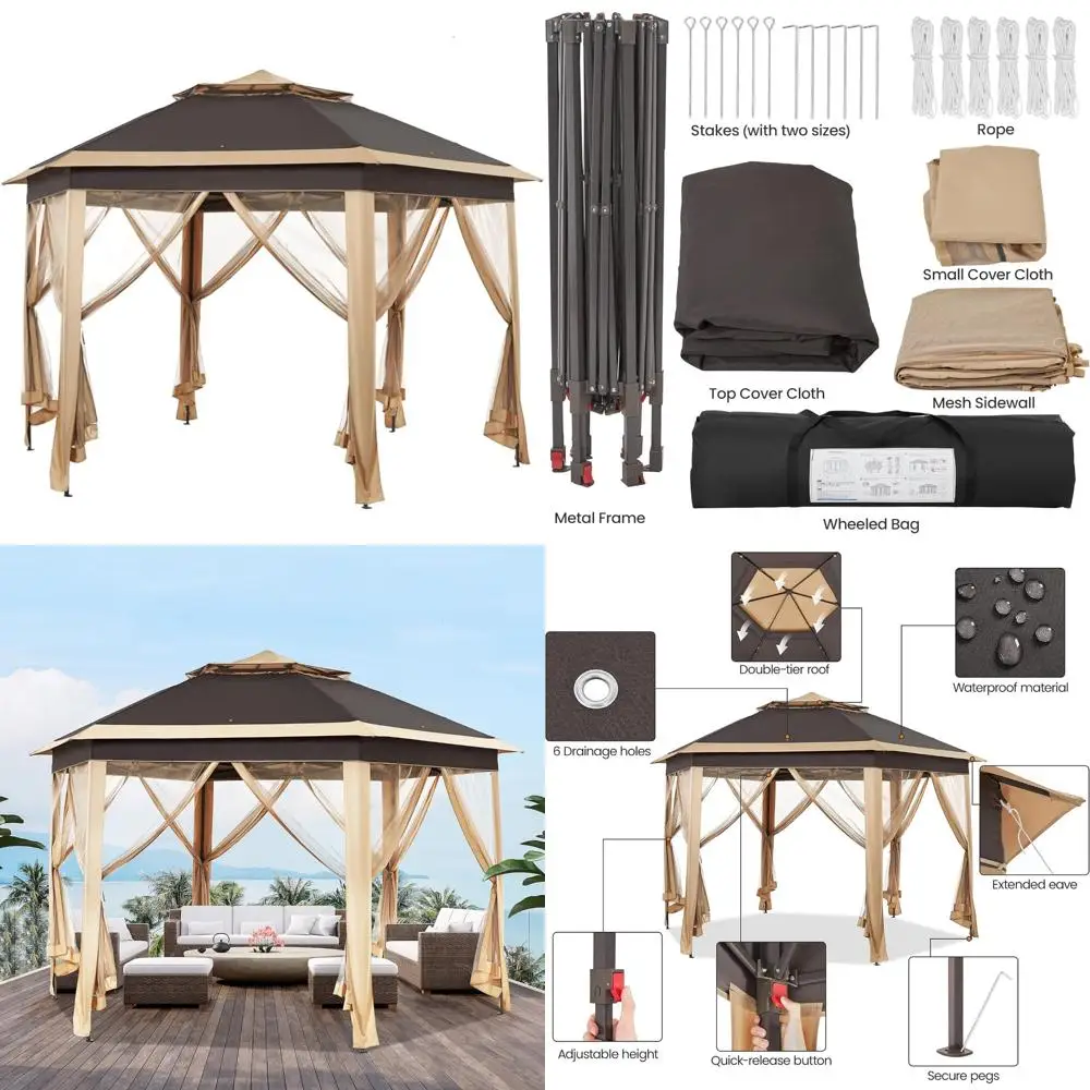 

Hexagonal Instant Patio Gazebo with Double Tiers, 13x13 Outdoor Canopy Shelter, Sun Shade Tent for Patio and Garden