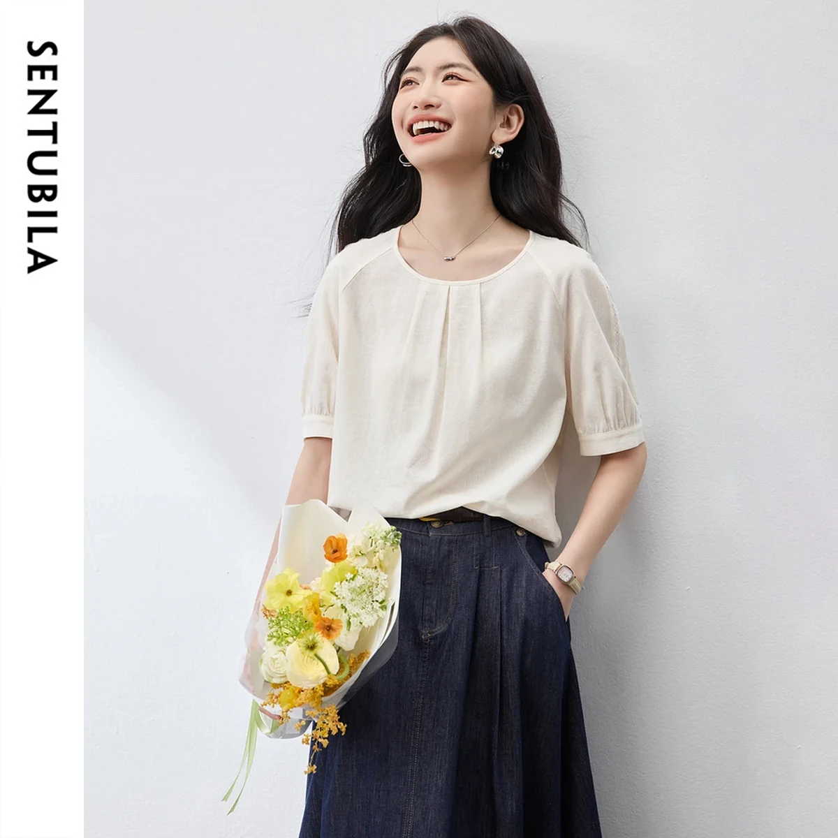 

SENTUBILA Casual Women's Blouses 2025 Spring Summer Loose Fit O Neck Hollow-out Short Sleeve Simple Female Shirt 152V59089