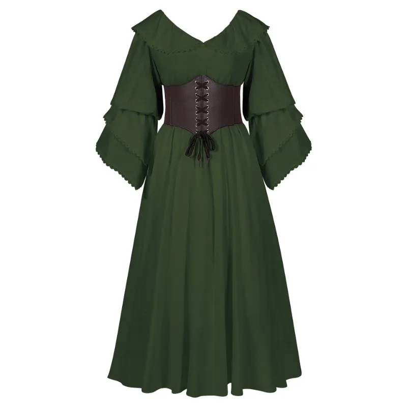 Neue Retro-Puppenkragen-Rüschen-Langarm-Renaissance- und bodenlange Kleider in Übergröße für Damen, Spielkleider