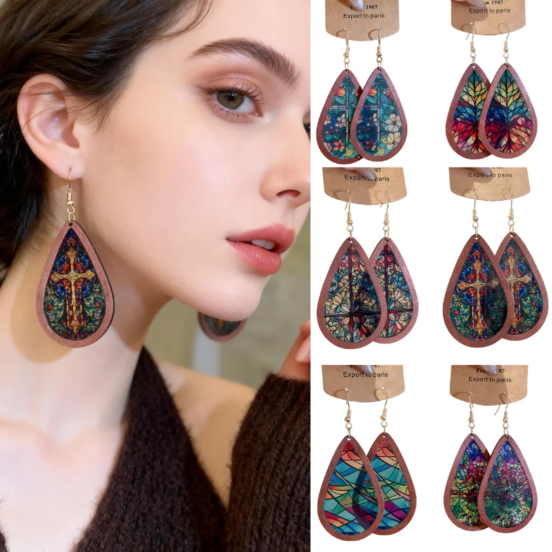 

Mosaic Stained Glass Earrings for Women 2025 New Kaleidoscope Pattern Wood Acrylic Bright Colorful Statement Earrings