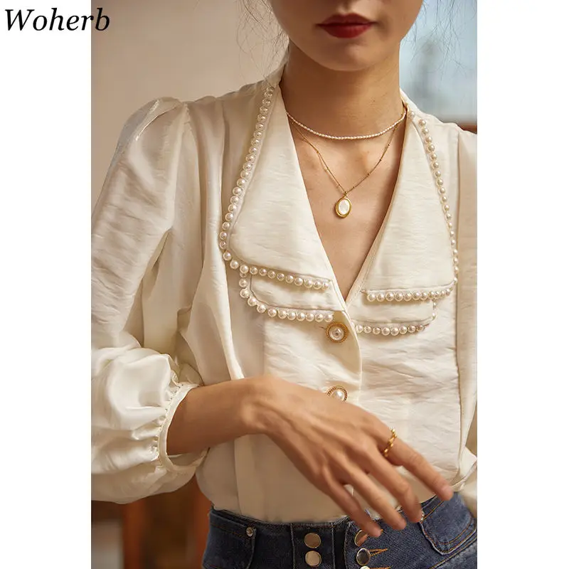 Woherb Vintage Pearl Beading Shirts Women Patchwork Peter Pan Collar Loose Puff Long Sleeve Korean Tops Sweet Elegant Blusas