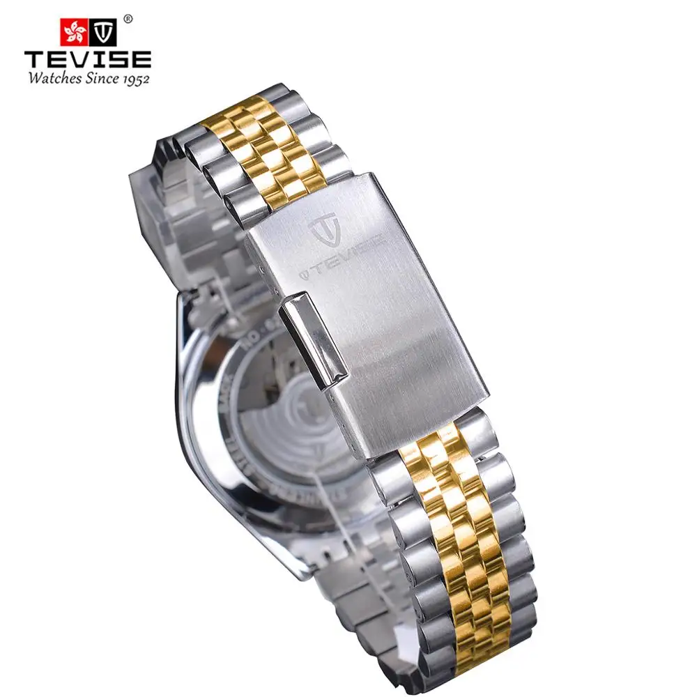 TEVISE Luxury Brand Diamond Gold Black Fashion Watch Stainless Steel Automatic Mechanical Clock Calendar Unique Gift For Men