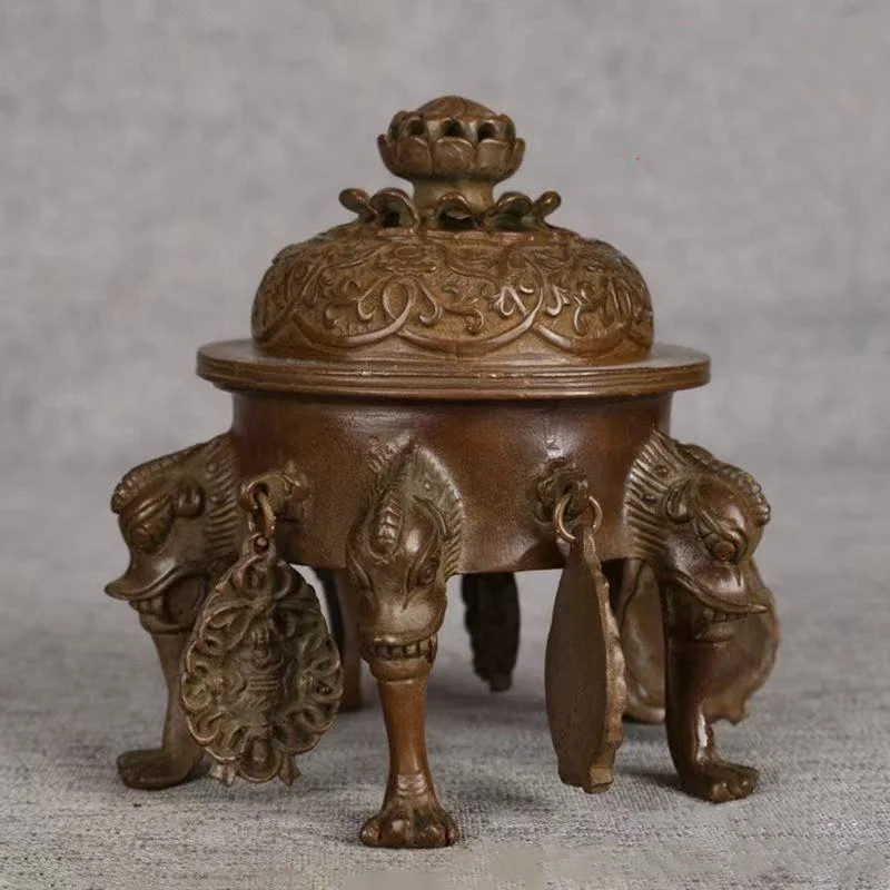 Antique copper five legged lotus incense burner home indoor tea ceremony Zen decoration ornament handicraft