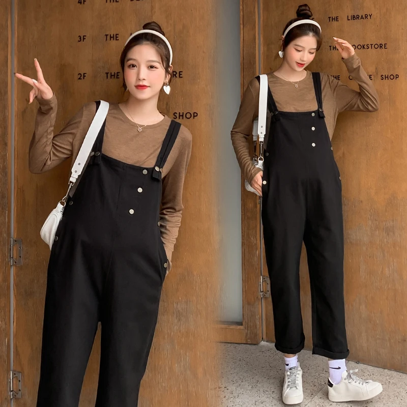 Autumn Korean Fashion Maternity Bib Pants Black Loose Jumpsuits Clothes for Pregnant Women Pregnancy Overalls T Shirt Sets