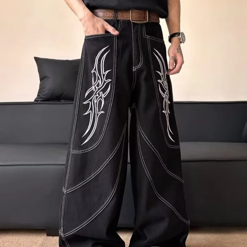 HKSH Primavera Estate Nuovi Uomini Marea Y2K Moda giovanile High Street Chic Jeans Fiamma Ricamo Lavato Pantaloni larghi a gamba larga Ins HK5246