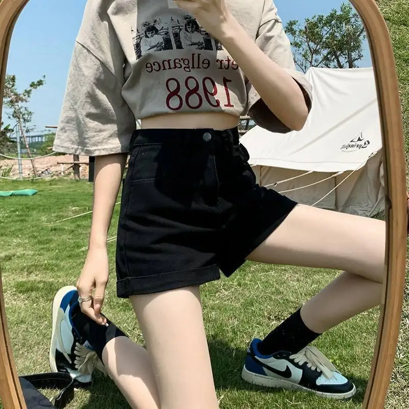 Summer Women's Jeans Shorts High Waist Wide Leg Pants Loose Fit Cuffed Hem Casual Versatile Student Fashion Korean Style