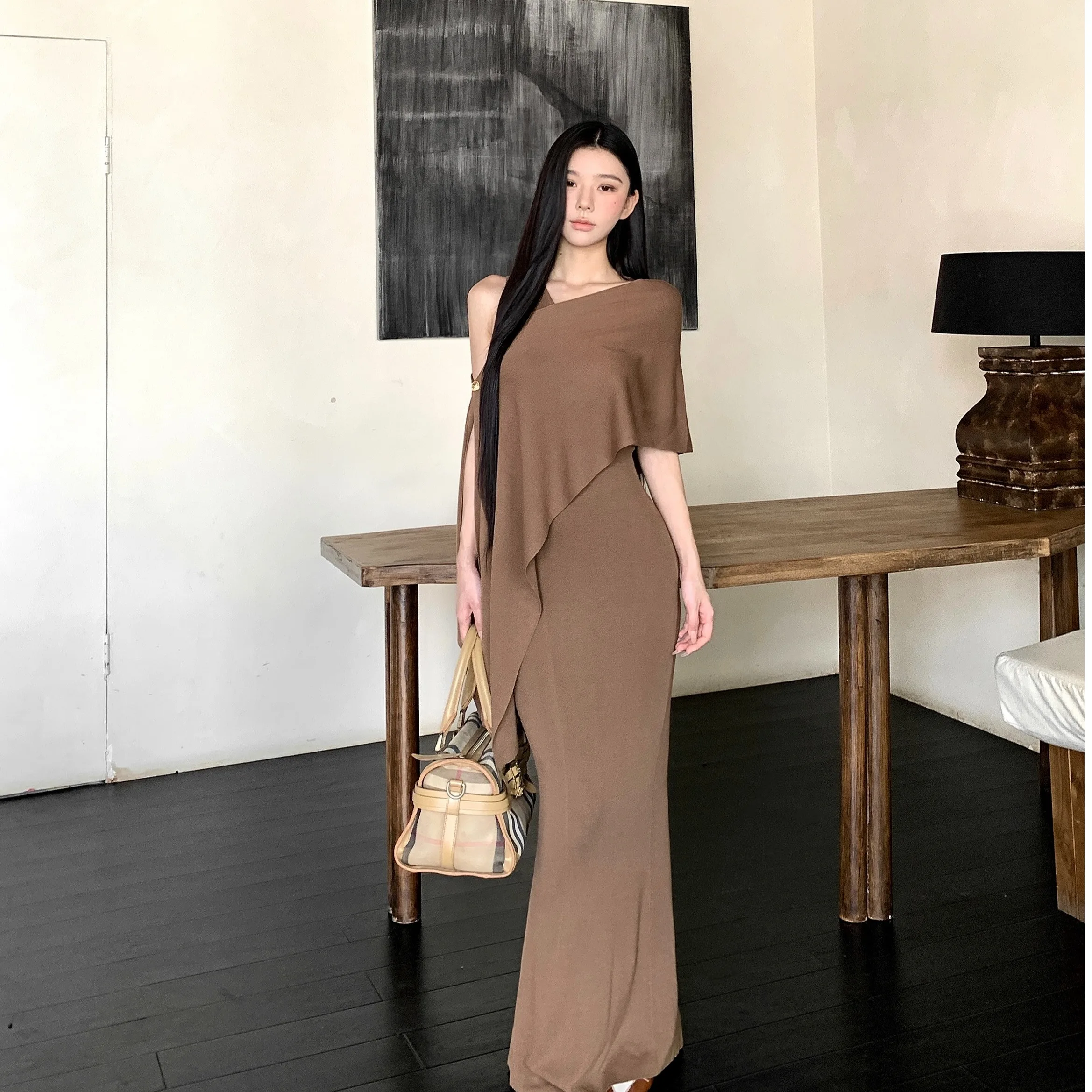 الخريف الشتاء البني القلنسوة Ne محبوك Svel Dr and awl قطعتين مجموعة للنساء Ele Sle لا العلامة التجارية المسجلة