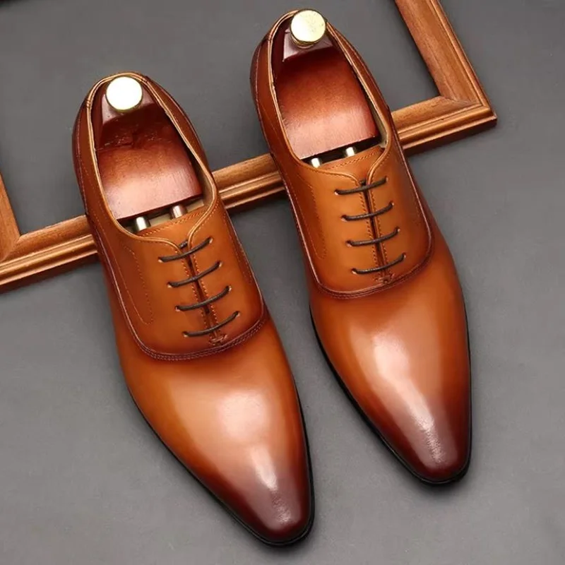 First-layer Cowhide Pointed Leather Shoes For Men British Style Genuine Cow Leather Brownish Yellow Oxford Formal Shoes