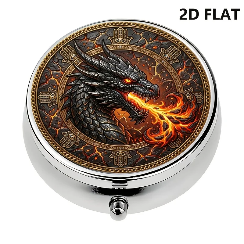 Single-piece, flat, round box, flame meditation pattern, portable travel case, daily storage box, for outdoor travel and office medication reminders, can be carried in a handbag