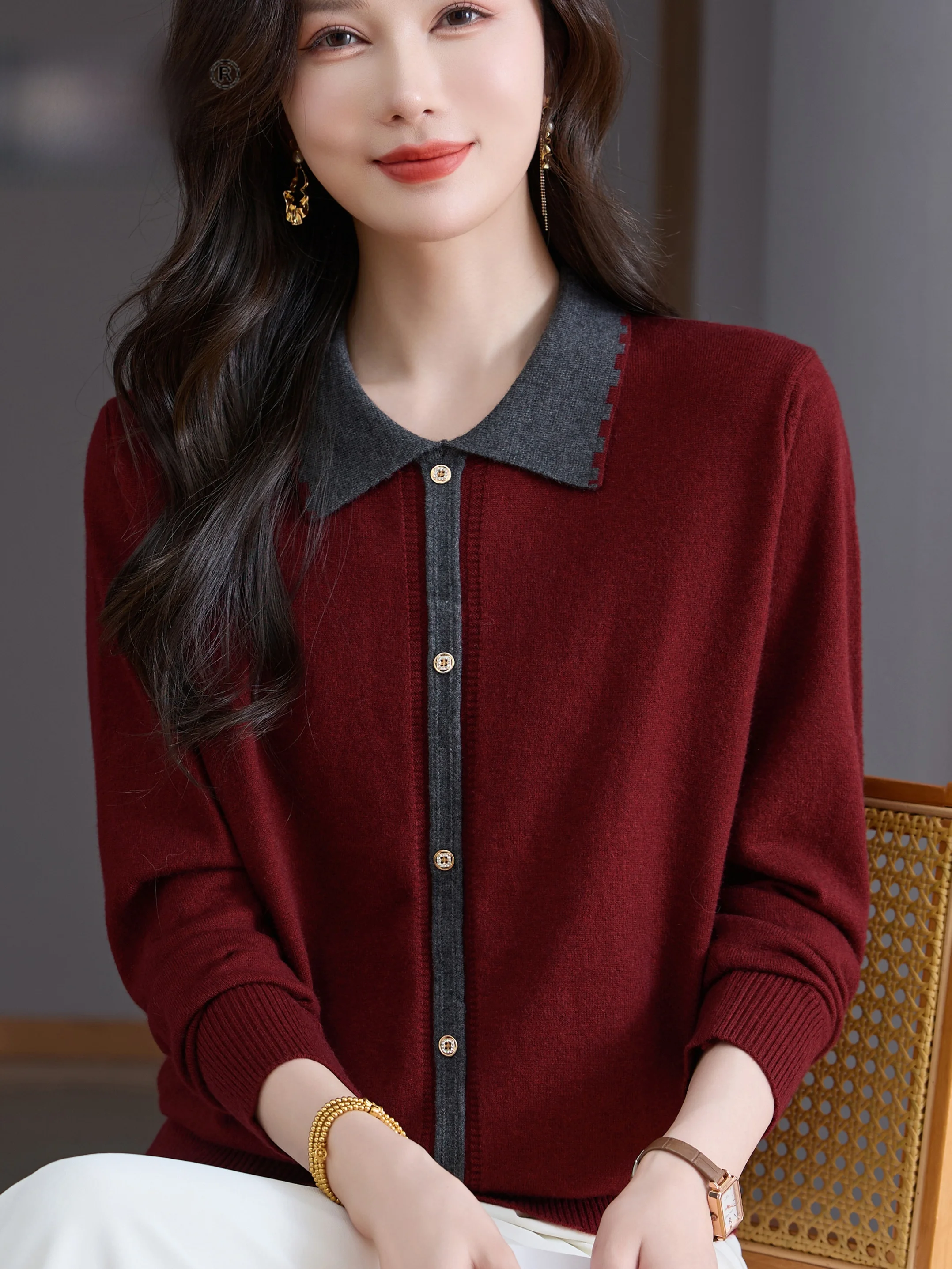 

Spring Autumn Loose Fit Color Block Collar Knitted Sweater Women's Base Layer Slimming Thin Style Fashionable Maternity Wear