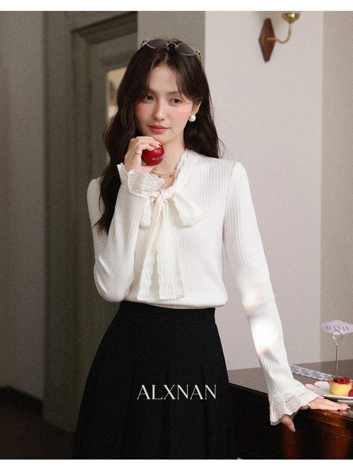 

ALXNAN белый трикотаж женский французский кружевной бант пуловер с v-образным вырезом и длинными рукавами элегантные повседневные офисные топы модная женская одежда L58750