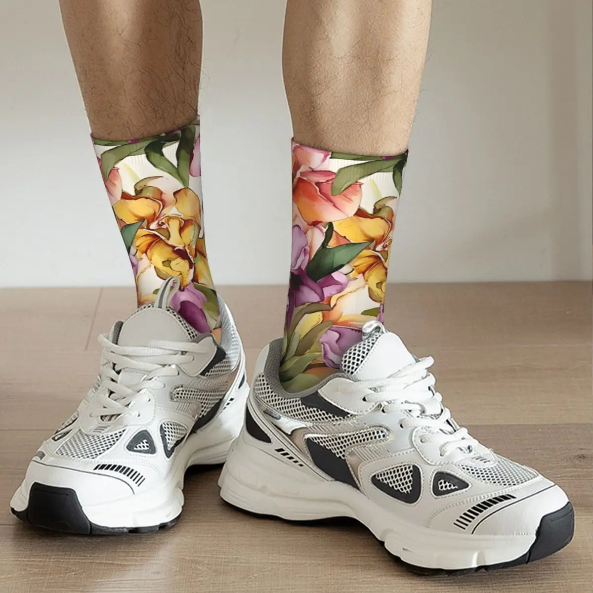 TIpastels-Chaussettes à motif floral d'orchidées sauvages pour hommes, chaussettes d'équipage sans couture, fleurs colorées rétro, imprimé, site officiel